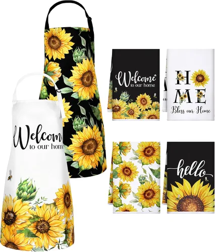 Vista 7 de Bencailor 6 Pcs Bee Sunflower Kitchen Set Include 4 Dish Towels and 2 Kitchen Aprons for Spring Summer Women Housewarming