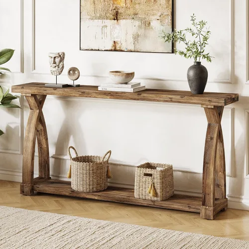 Vista 11 de Mesa consola de madera maciza para entrada, mesa estrecha de 63 pulgadas para sofá con almacenamiento de 2 niveles para entrada, vestíbulo, sala