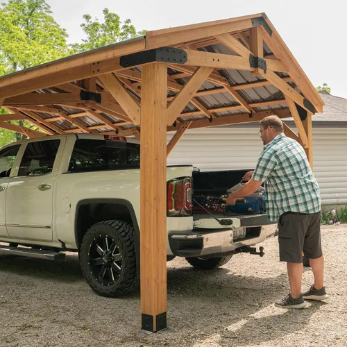 Vista 6 de Backyard Discovery Norwood - Cenador de madera de cedro de 20 x 12 pies con techo de acero duro