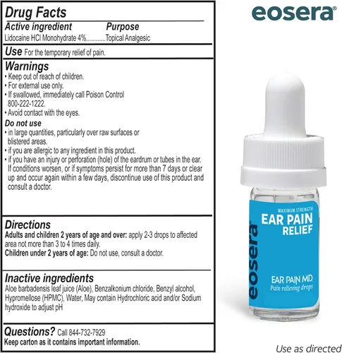 Vista 7 de eosera Gotas MD para el dolor de oído, 0.2 fl oz, fuerza máxima, 4% de lidocaína, alivio del dolor de oído - A partir de 2 años
