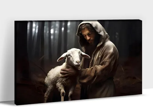 Vista 24 de Arte de pared en lienzo de Jesús y Cordero, Arte de pared en lienzo de Jesús abrazando a un cordero fangoso, Arte de pared cristiano para decoración