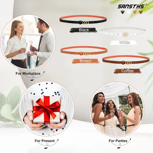 Vista 8 de SANSTHS Cinturones ajustados para mujer, juego de 4 cinturones finos de piel sintética con doble hebilla dorada para pantalones de mezclilla