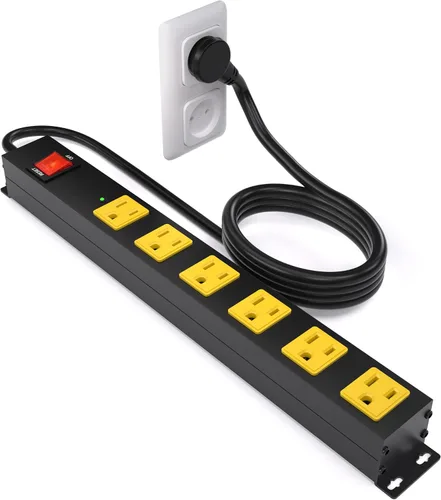 Vista 7 de Regleta de alimentación larga de metal resistente de 6 tomas con disyuntor, cable de extensión, certificación ETL, soporte de pared para garaje