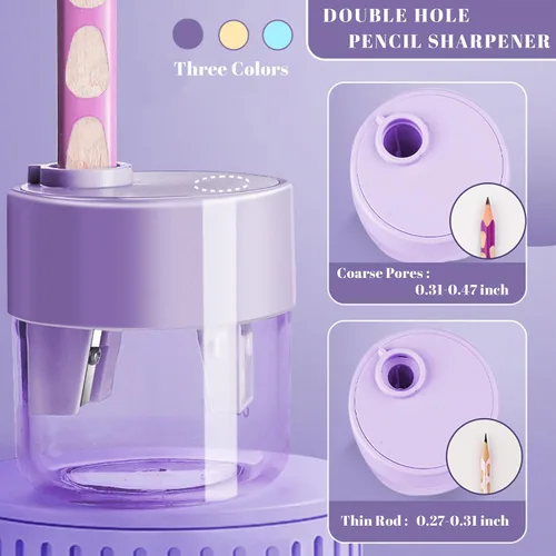 Vista 2 de Paquete de 3 sacapuntas manuales, diseño de doble agujero con contenedor de virutas, sacapuntas de colores portátiles para aula, oficina