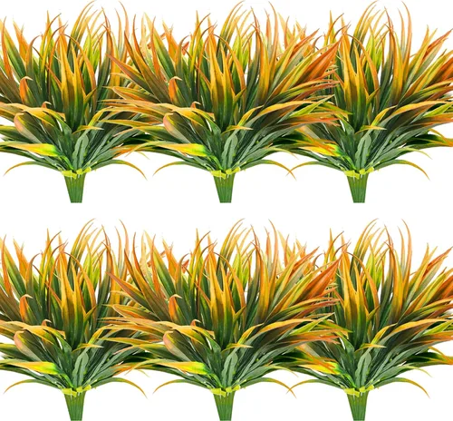 Vista 28 de 8 piezas de plantas falsas para exteriores, resistentes a los rayos UV, plantas de césped alto artificiales, flores tropicales, arbustos, decoración
