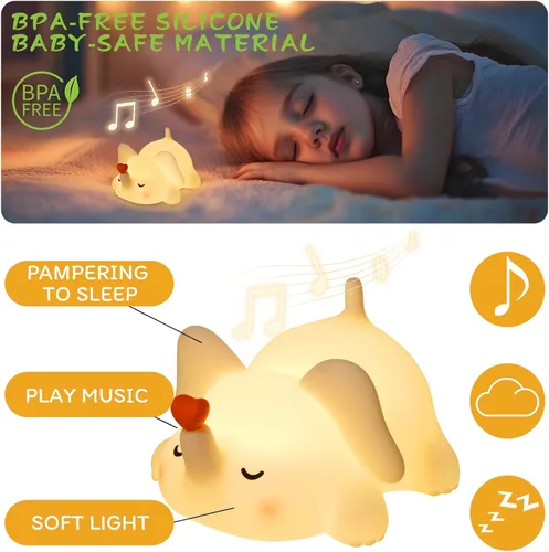 Vista 5 de Luz nocturna de elefante para niños con música, lámpara de silicona blanda para guardería, linda luz de animal de 3 niveles regulable y recargable