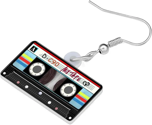Vista 4 de Aretes vintage con cinta de casete colgantes, fonógrafo, retro, joyería de televisión, nostalgia de los años 90 y 80, accesorios para mujer
