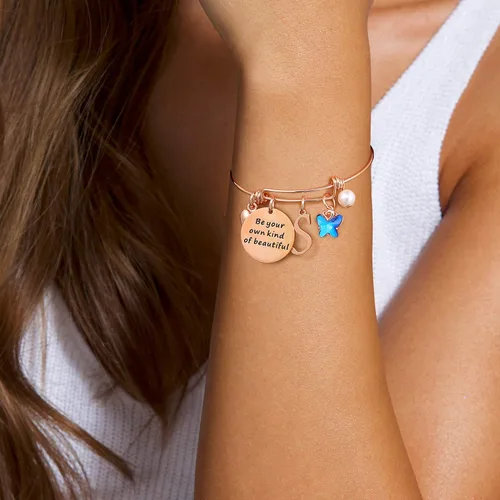 Vista 3 de Pulseras con dije de mariposa para mujer brazalete extensible con mensaje inspirador en inglés Be Your Own Kind of Beautiful joyería personalizada