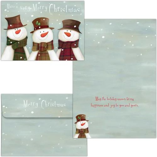 Vista 2 de Crown Point Graphics Snowman Trio - 30 tarjetas de Navidad en caja con detalles de purpurina y sobres Three Cheerful Snowmen And Glitter Details