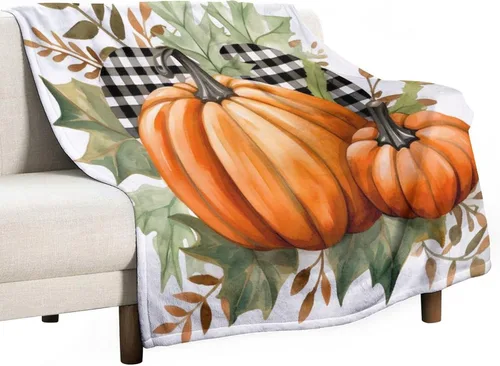Vista 40 de Manta de lana cuadriculada con diseño de calabaza, hojas de arce, Acción de Gracias, manta de cama para otoño, Acción de Gracias, ligera, súper