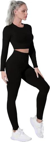 Vista 3 de Conjuntos de entrenamiento para mujer, 2 piezas, manga larga, sin costuras, ropa de gimnasio
