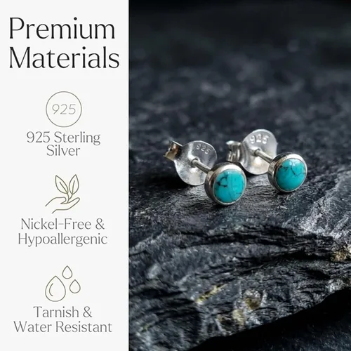 Vista 6 de Sterling Silver Turquoise & Black Onyx Stone Small Stud Earrings, Handmade Minimalist Style Lightweight Comfortable Fit Everyday Wear