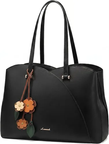 Vista 22 de LOVEVOOK Bolso de mano para laptop para mujeres, bolsos de trabajo, bolso para laptop para maestros, bolso de computadora de cuero, carteras Negro