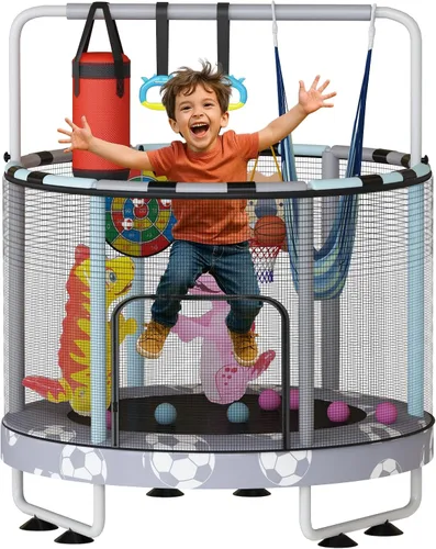 Vista 17 de LAMERGE Trampolín redondo 7 en 1 de 55 pulgadas para niños y niñas de 1 a 8 años, trampolín para interiores y exteriores para diversión, barandilla
