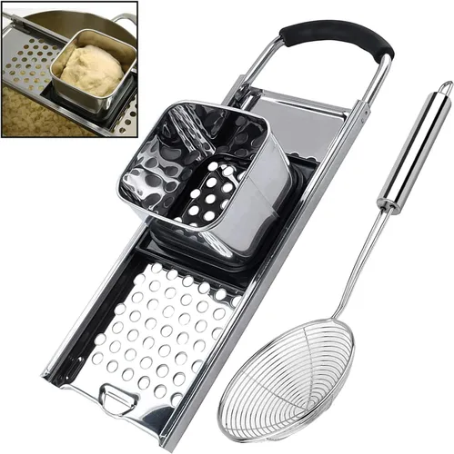 Vista 11 de Spaetzle Maker de acero inoxidable de alta calidad con espátula de silicona, colador de araña de acero inoxidable, cuchara espumadora, colador