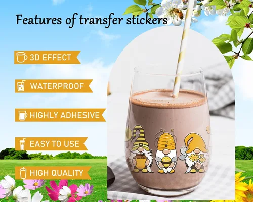 Vista 5 de Rngmsi Envoltura de Taza UV DTF - 8 Hojas Envolturas de Taza UV DTF de Abeja para 16 oz, Calcomanías Uvdtf de Gnomos Mariposa Panal, Calcomanías