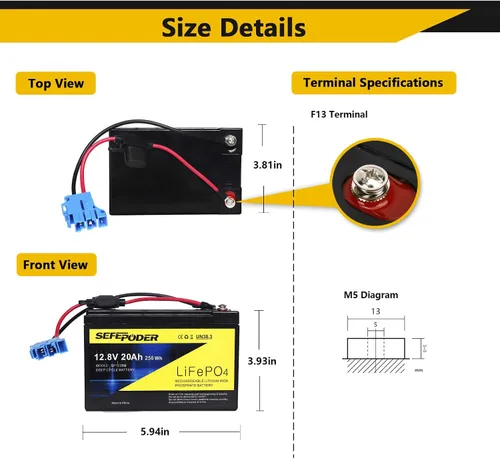 Vista 2 de SEFEPODER Batería de repuesto compatible con Peg Perego de 12 voltios, batería recargable Lifepo4 de 12 V, 20 Ah, BMS integrado de 40 A