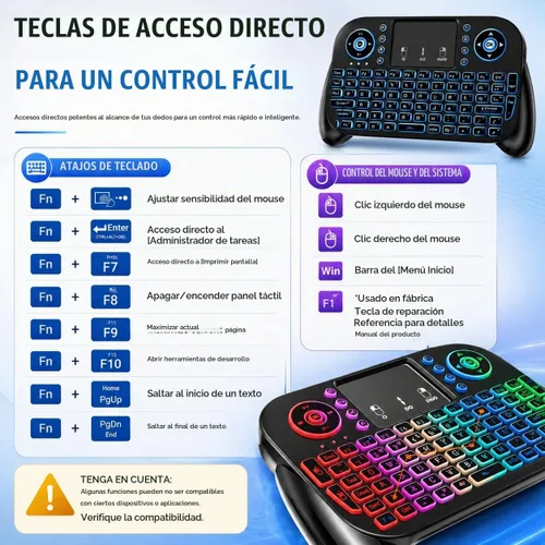Vista 8 de Mini teclado Bluetooth + 2.4GHz RF 7 colores retroiluminado
