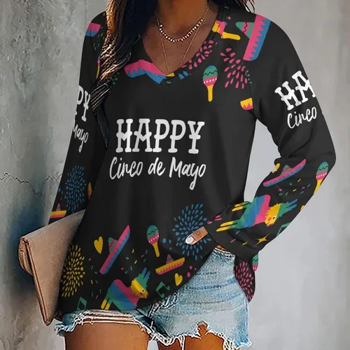 Vista 2 de Cinco De Mayo Mexican Fiesta 2023 - Camiseta de manga larga con cuello en V para mujer