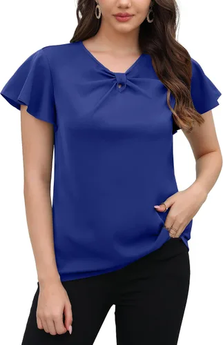 Vista 2 de Poplab Blusa casual de gasa con cuello en V y manga corta con nudo de lazo para mujer