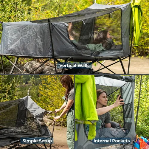 Vista 4 de Kakadu Tienda de Campamento Cuna, para 1 Persona, Configuración Fácil en 1 Minuto, Plegable, Compacta, Tienda Elevada con Toldo Impermeable
