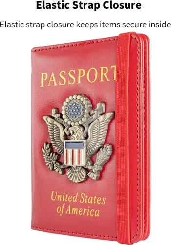 Vista 4 de Funda para pasaporte y ranura para tarjetero, con bloqueo RFID, cartera de piel para pasaporte de viaje para hombres y mujeres, protector de Rojo