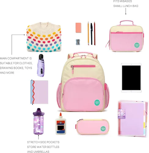 Vista 7 de mibasies Mochila para niñas y niños, ideal para niños y niñas, mochila para preescolar jardín de infantes y primaria, beige rosado, Niños-12L US