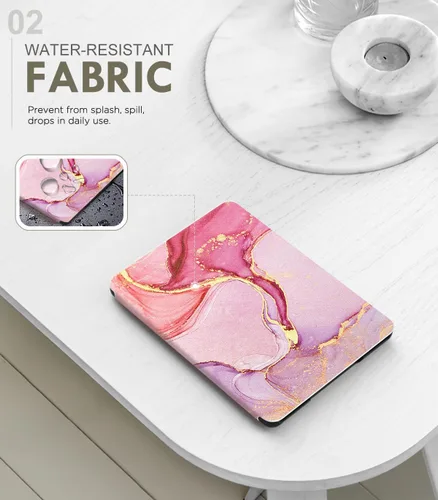 Vista 3 de MoKo Funda para Kindle Paperwhite de 7" 12ª generación 2024/Colorsoft, Pink Mármol de oro rosa claro