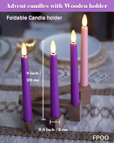 Vista 2 de FPOO Velas de Adviento sin llama con portavelas de madera, velas de Adviento que funcionan con baterías, 3 candeleros LED morados y 1 rosa