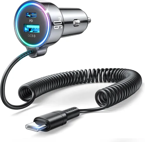 Vista 9 de Cargador de Coche USB C 90W para iPhone 17/16 Pro Max, PD & QC3.0 con Cable Enrollado de 45W de 5 pies, Adaptador de Carga Rápida para Coche