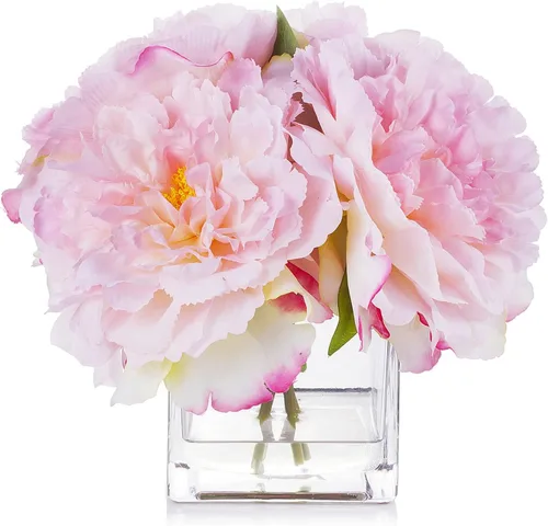 Vista 7 de ENOVA FLORAL Flores de seda de peonías en jarrón, flores falsas con agua sintética en jarrón de vidrio para decoración de mesa de comedor, centros