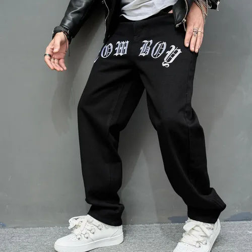 Vista 3 de FOMOYUU Pantalones vaqueros de moda para hombre, pantalones de skate con letras bordadas, pantalones holgados de hip hop, pantalones de mezclilla