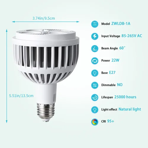 Vista 2 de Hywyimlait Luces de cultivo para plantas de interior, espectro completo de 4000 K, bombilla para plantas de 22 W con alto PPFD, base E27, bombilla
