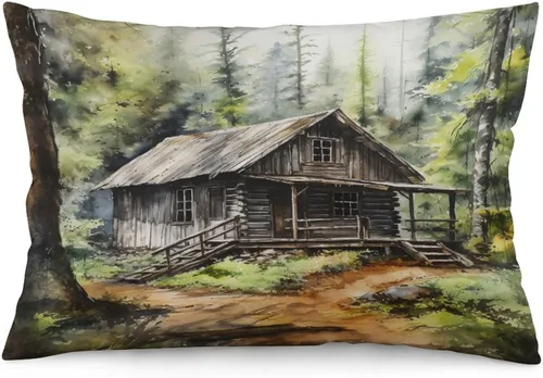 Vista 24 de Funda de almohada rústica de 12 x 20 pulgadas, diseño de cabaña en el bosque, súper suave, funda de cojín impresa de doble cara, funda de almohada