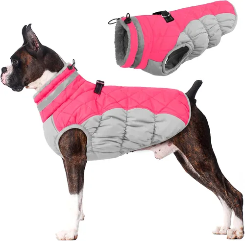 Vista 15 de Lelepet Abrigo cálido para perro, abrigo de invierno para perro, chaqueta impermeable para perros con arnés integrado reflectante de forro polar