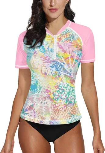 Vista 19 de BesserBay Camiseta de natación de manga corta con cremallera UPF 50+ para mujer, de secado rápido