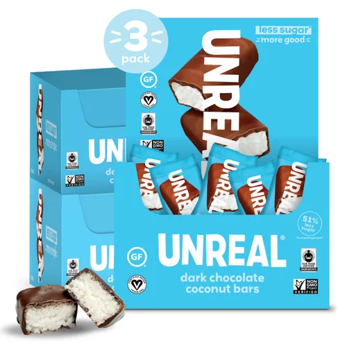 Vista 5 de UNREAL Barras de coco de chocolate oscuro (4 bolsas de tamaño económico), veganas, 0.11 onzas de azúcar y 3 ingredientes simples, sin OMG, sin