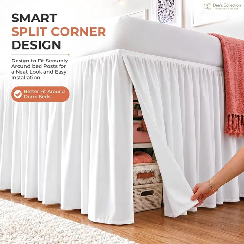 Vista 3 de Dorm Ruffle Twin XL 28" Drop Extra Long BedSkirt, Premium Brushed Microfiber Tailored Drop, Put On Elastic Long Dust Ruffle, Split Corner, Bedroom