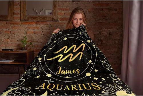 Vista 6 de Manta personalizada de acuario, manta de franela suave con horóscopo, acogedora y ligera para sofá y cama, regalo práctico, unisex, talla XS, 40 x