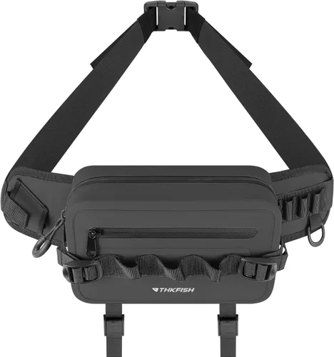Vista 11 de thkfish Riñonera de pesca impermeable, bolsa de aparejos de pesca con correa ajustable, soporte para caña de pescar, cierre hermético de cremallera