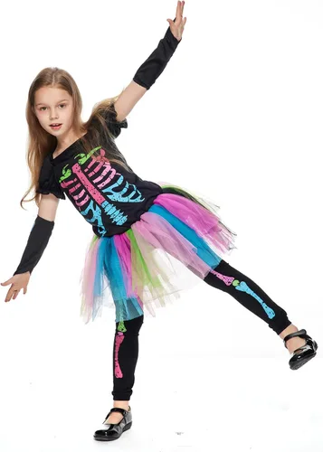 Vista 2 de EraSpooky Disfraz de esqueleto de Halloween para niña, falda tutú, cosplay aterrador