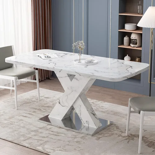 Vista 10 de Mesa de comedor extensible blanca moderna de 63 pulgadas Parte superior blanca+pierna blanca extensible