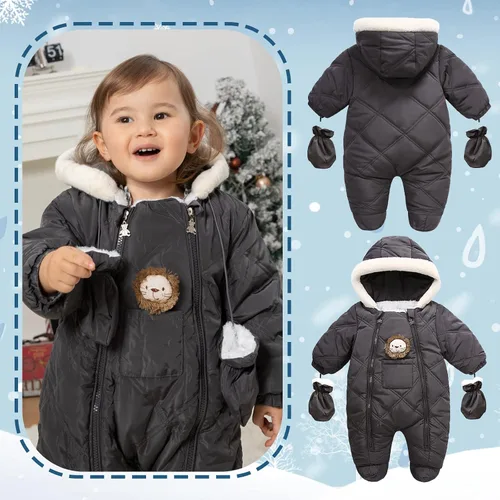 Vista 4 de XIFAMNIY Traje de invierno para bebé, mameluco con capucha para bebé, traje de nieve de león