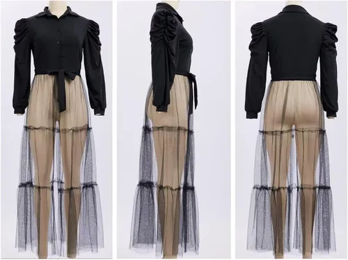 Vista 5 de Ekaliy Blusa sexy para mujer, manga larga con volantes, con botones, de malla transparente, maxi vestido con cinturón