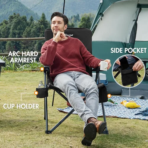 Vista 8 de Portal Silla reclinable de campamento con respaldo ajustable plegable para adultos, portátil, respaldo alto, de gran tamaño, 350 libras (negro)