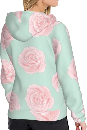 Vista 5 de BcoDoN Womens Pink Rose On Green Hoodies Sweatshirt Hooded Pullover Tops For Ladies