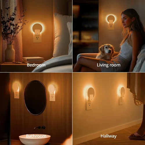 Vista 8 de Lyridz Luz nocturna ámbar enchufable con sensor de atardecer a amanecer, luces nocturnas con sensor de luz LED regulable para baño, pasillo