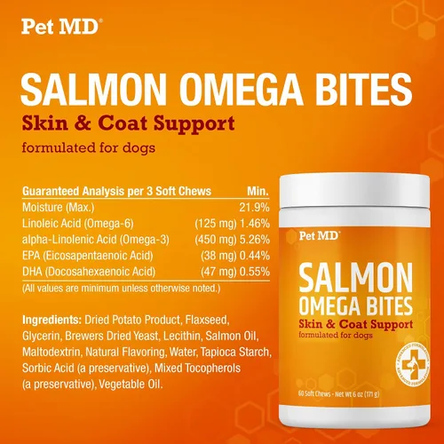 Vista 2 de Pet MD Salmon Omega Bites for Dogs - Suplemento para piel y pelaje con Omega 3 y 6 para perros más DHA y EPA - Promueve la alergia y el alivio
