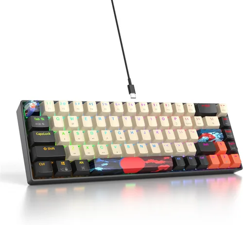 Vista 23 de Protable - Teclado mecánico para juegos al 60%, mini compacto RGB retroiluminado 61 teclas, teclado de oficina con cable con interruptor rojo