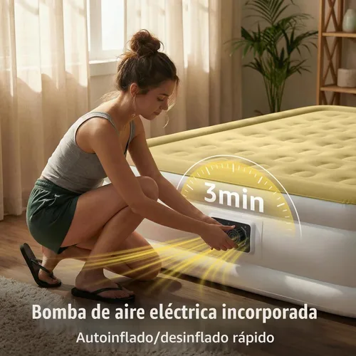 Vista 2 de YENING Colchón de aire tamaño completo con bomba incorporada, cama elevada doble inflable, cama de aire hinchable para camping eléctrico de 18 Beige